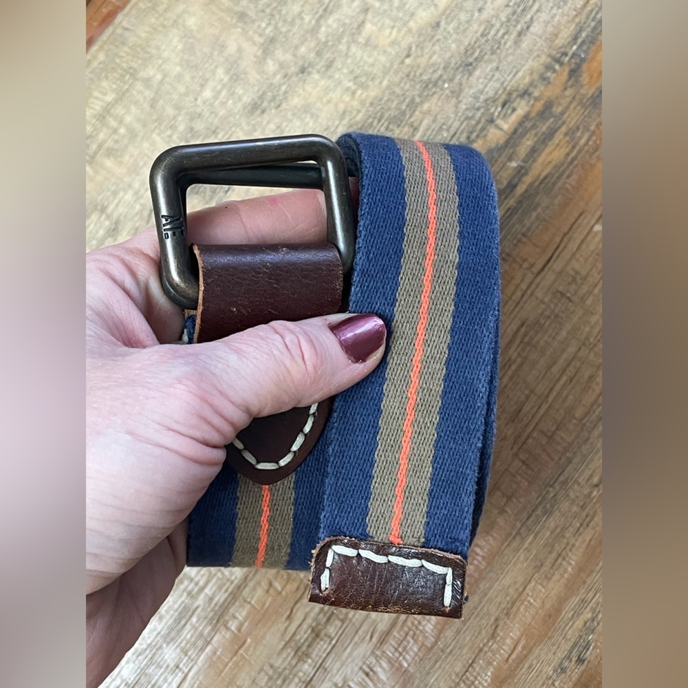 Vintage American Eagle Fabric With Leather Trim Belt Navy Orange Stripes
